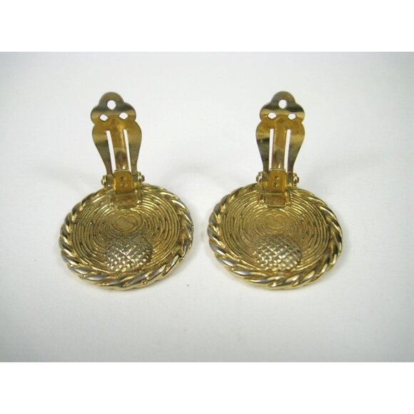 Vintage 1990s St John Logo Gold Tone Clip On Earrings Braided Rim Round 1 in - Picture 3 of 15